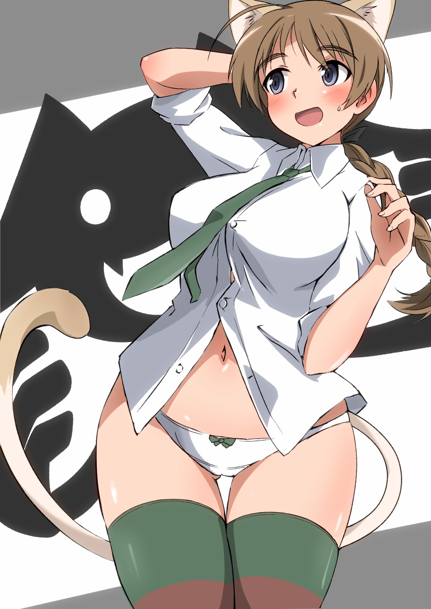 1girl absurdres animal_ears arm_behind_head black_ribbon blue_eyes blush bow bow_panties braid braided_ponytail breasts brown_hair cat_ears cat_tail collared_shirt commentary cowboy_shot crotch_seam dog_ears dog_girl green_necktie green_thighhighs hair_ribbon highres large_breasts long_hair lynette_bishop md5_mismatch miyafuji_yoshika multicolored_clothes multicolored_legwear navel necktie no_pants open_mouth panties partially_unbuttoned revision ribbon shiny_skin shirt silhouette silhouette_demon single_braid sleeves_rolled_up smile solo standing strike_witches striped_clothes striped_thighhighs sweatdrop tail textless_version thigh_gap thighhighs tricky_46 underwear white_panties white_shirt wing_collar world_witches_series