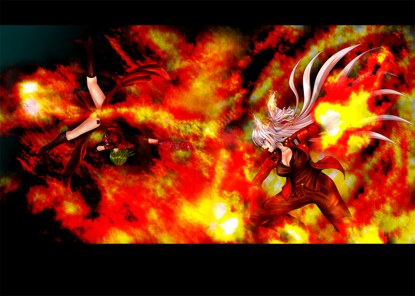 :o alternate_costume battle black_shirt bow breasts cleavage coat collarbone commentary_request denim devil_may_cry fire fujiwara_no_mokou green_hair gun hair_bow handgun jacket jeans kazami_yuuka large_breasts letterboxed long_hair long_sleeves multiple_girls nelo_anjuurou open_clothes open_jacket open_mouth pants parody pistol red_coat red_eyes red_jacket shirt short_hair touhou tsurime v-shaped_eyebrows weapon white_bow