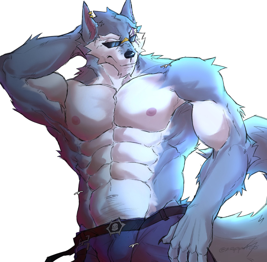 1boy abs absurdres animal_ears arm_behind_head bara blue_pants dislyte ear_piercing earrings english_commentary furry furry_male highres jewelry male_focus muscular muscular_male nipples pants pectorals piercing sunglasses tail topless_male twitter_username white_background wolf_boy wolf_ears wolf_tail zappitoo_(kaiserdraws)