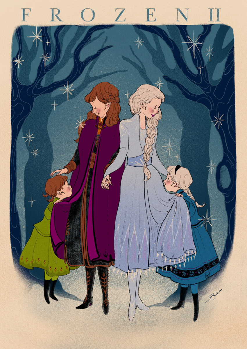 4girls age_comparison anna_(frozen) black_footwear blue_dress blue_footwear blush boots braid braided_ponytail brown_hair dress elsa_(frozen) frozen_(disney) frozen_ii_(disney) green_dress grey_hair hair_over_shoulder hakoniwa01kdnm highres illustration.media long_sleeves multiple_girls profile purple_dress snow standing tree