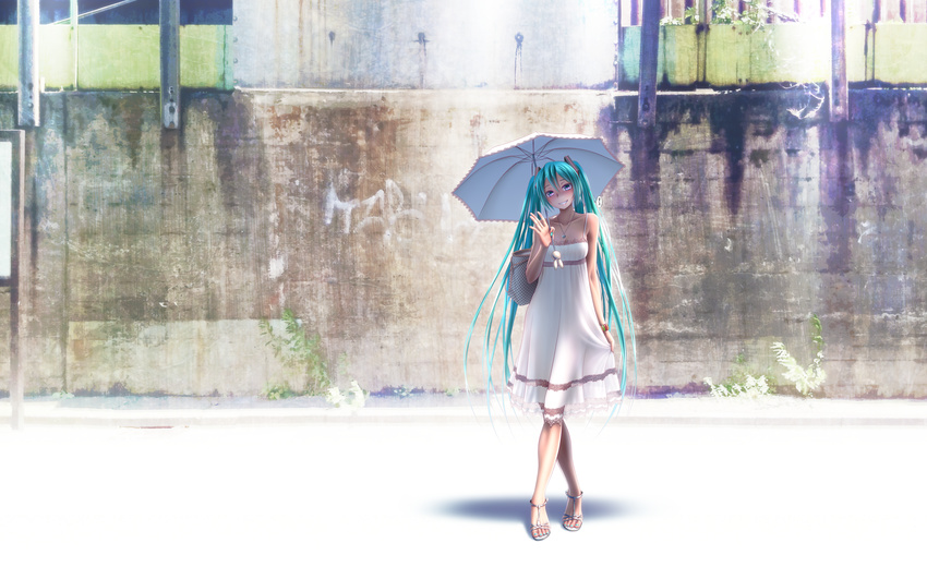 aqua_eyes aqua_hair bag bare_shoulders collarbone crossed_legs dress feet grin hatsune_miku high_heels highres holding jewelry long_hair looking_at_viewer nail_polish necklace open_toe_shoes sandals shoes smile solo standing toenail_polish toes twintails umbrella very_long_hair vocaloid wallpaper watson_cross white_dress wokada
