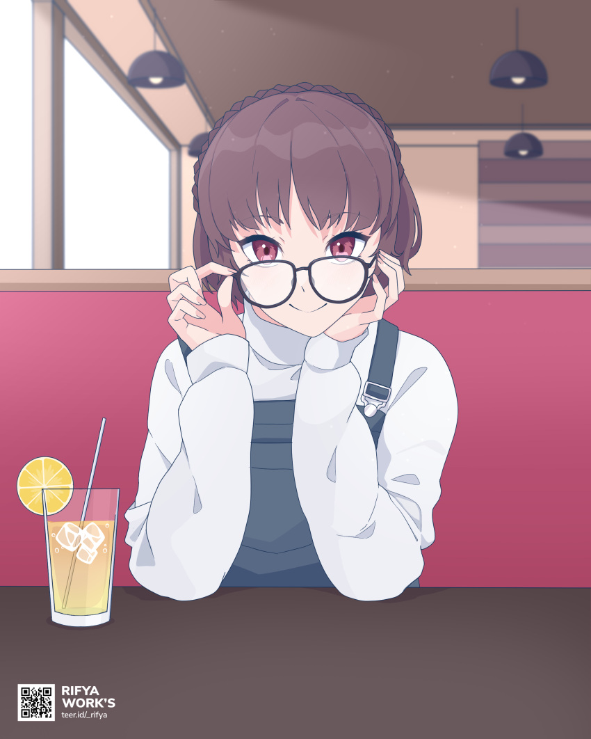 1girl absurdres adjusting_eyewear booth_seating brown_hair cup dating drink eyewear_on_head glass glasses highres niijima_makoto overalls persona persona_5 pov red_eyes restaurant rifyaa solo sweater white_sweater