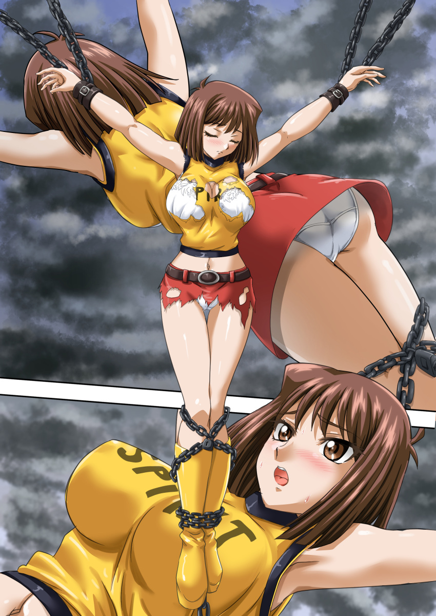 1girl absurdres ass bra breasts brown_eyes brown_hair chain cleavage closed_eyes cloud cloudy_sky commission cowboy_shot cuffs full_body grey_sky highres large_breasts mazaki_anzu miniskirt multiple_views nao_takami panties red_skirt shackles shirt short_hair skeb_commission skirt sky sleeveless sleeveless_shirt torn_clothes underwear underwear_only upper_body white_bra white_panties yellow_footwear yellow_shirt yu-gi-oh! yu-gi-oh!_duel_monsters