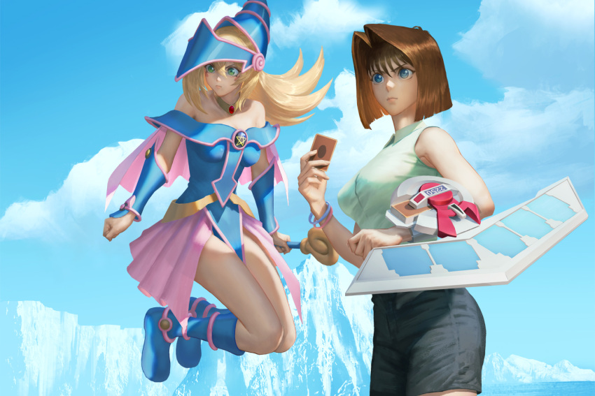 2girls blonde_hair blue_dress blue_eyes blue_footwear blue_hat blue_sky boots breasts brown_hair cleavage cloud dark_magician_girl dress duel_disk duel_monster eyelashes floating green_eyes hair_intakes ice long_hair mazaki_anzu midair multiple_girls serious shirt shorts sky sleeveless sleeveless_shirt standing suranaki trading_card yu-gi-oh!