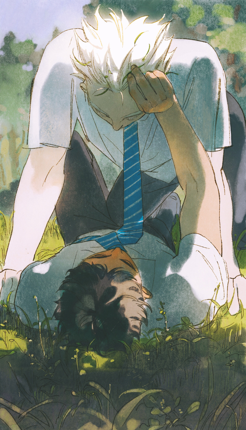 2boys absurdres akaashi_keiji black_pants blue_necktie bokuto_koutarou brown_hair chengongzi123 colored_eyelashes commentary facing_away facing_down facing_up full_body grass haikyuu!! hand_in_another's_hair highres long_hair lying male_focus multiple_boys necktie on_back outdoors pants pinned school_uniform shirt short_sleeves striped_necktie symbol-only_commentary tree very_long_hair white_hair white_shirt yaoi