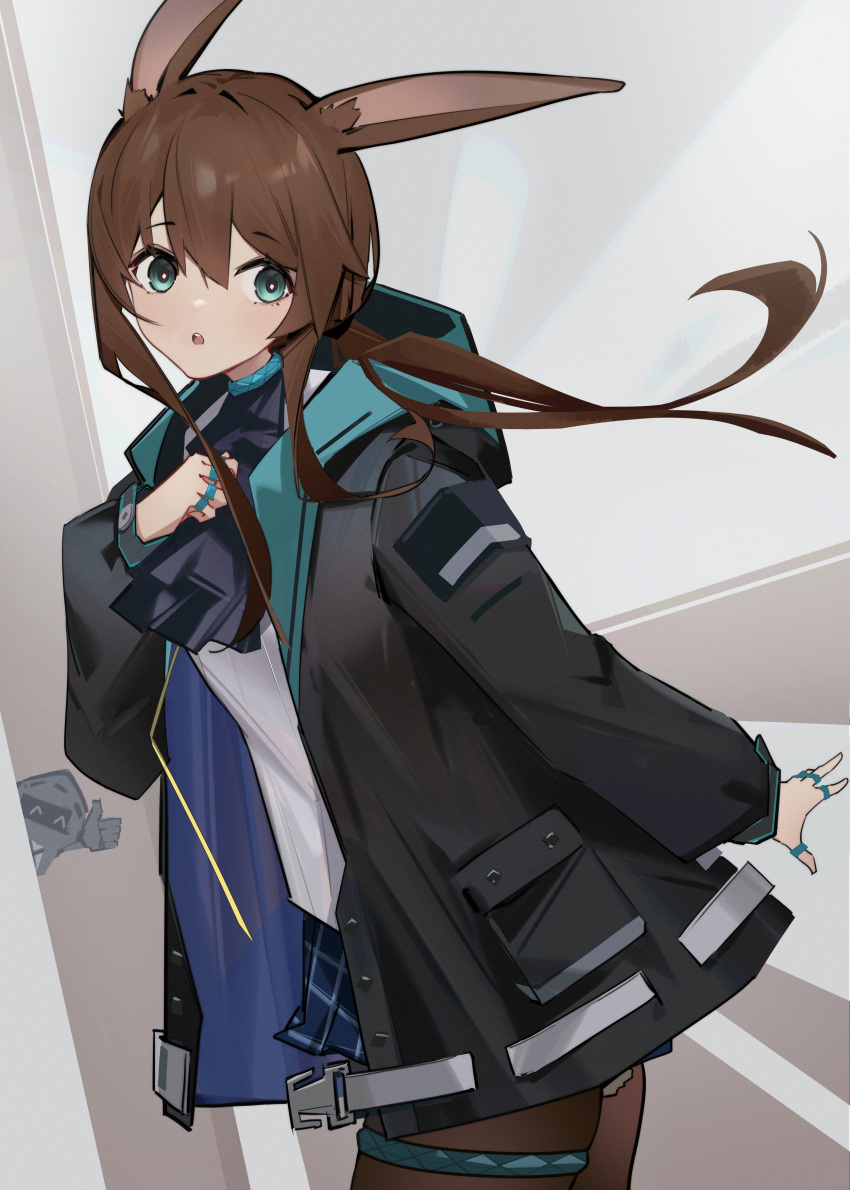 1girl 1other :o absurdres amiya_(arknights) animal_ears arknights ascot black_jacket black_pantyhose blue_ascot blue_eyes blue_skirt brown_hair brown_pantyhose chichi_guai cowboy_shot hair_between_eyes hand_on_own_chest highres hood hood_down hooded_jacket jacket jewelry long_hair long_sleeves looking_at_viewer multiple_rings open_clothes open_jacket open_mouth pantyhose plaid plaid_skirt pleated_skirt ponytail rabbit_ears rabbit_girl ring shirt sidelocks skirt solo standing white_background white_shirt