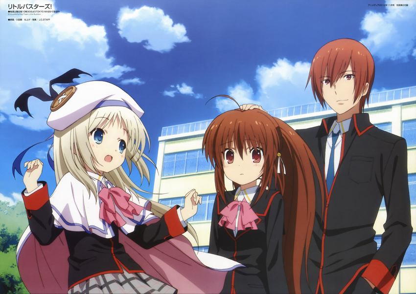 2girls absurdres animedia blazer blue_eyes bow brown_hair cape fang hand_on_head highres jacket kawada_tsuyoshi little_busters! multiple_girls natsume_kyousuke natsume_rin noumi_kudryavka official_art open_mouth pink_bow plaid plaid_skirt ponytail red_eyes scan school_uniform skirt