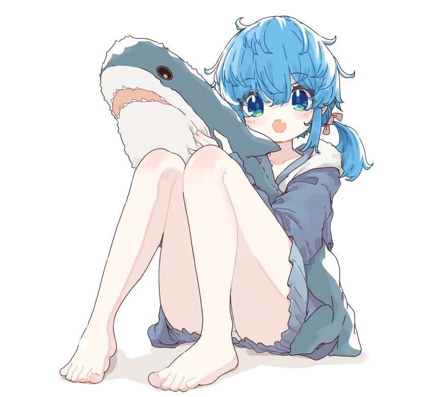 1girl :o absurdres aoi_tori bare_legs barefoot blue_eyes blue_hair blue_jacket blush collarbone commentary_request fang feet full_body hair_between_eyes highres holding holding_stuffed_toy hood ikea_shark jacket knees_together_feet_apart knees_up legs long_sleeves looking_at_viewer open_mouth original panties pantyshot ponytail sidelocks simple_background sitting skin_fang skirt smile solo stuffed_animal stuffed_shark stuffed_toy toenails toes twintails underwear white_background white_panties