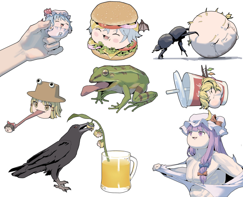 4girls absurdres ant bare_shoulders bat_wings bird blonde_hair blue_hair blunt_bangs bug burger cheese crescent crescent_hat_ornament crow cup disposable_cup dung_beetle fang flandre_scarlet food frog frog_tongue hat hat_ornament highres juice long_hair mob_cap moriya_suwako multicolored_wings multiple_girls onion_rings open_mouth orange_juice patchouli_knowledge pink_hat purple_eyes purple_hair remilia_scarlet teeth tomato tomato_slice tongue tongue_out touhou white_background white_hat wings yellow_eyes youpofen yukkuri_abuse yukkuri_shiteitte_ne