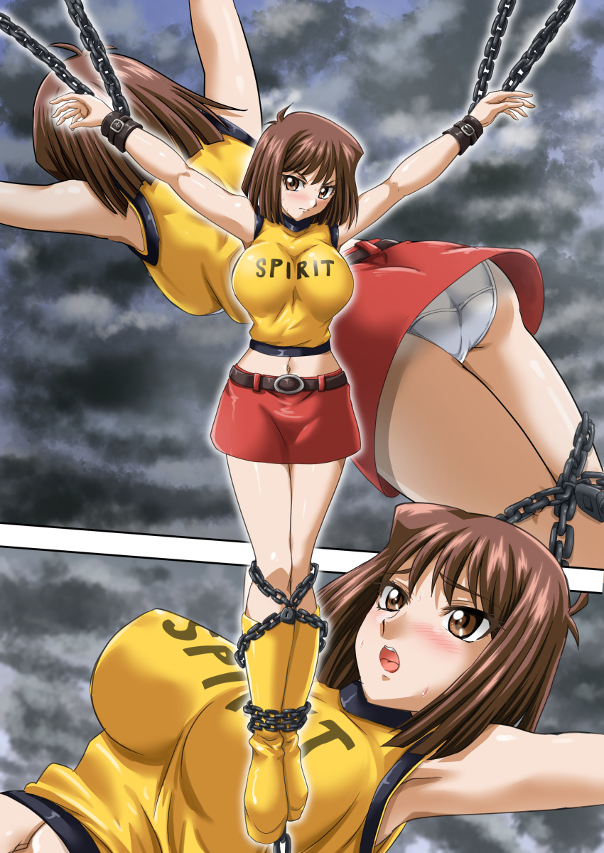 1girl absurdres ass breasts brown_eyes brown_hair chain cleavage cloud cloudy_sky commission cowboy_shot cuffs full_body grey_sky highres large_breasts mazaki_anzu miniskirt multiple_views nao_takami panties red_skirt shackles shirt short_hair skeb_commission skirt sky sleeveless sleeveless_shirt underwear underwear_only upper_body white_panties yellow_footwear yellow_shirt yu-gi-oh! yu-gi-oh!_duel_monsters