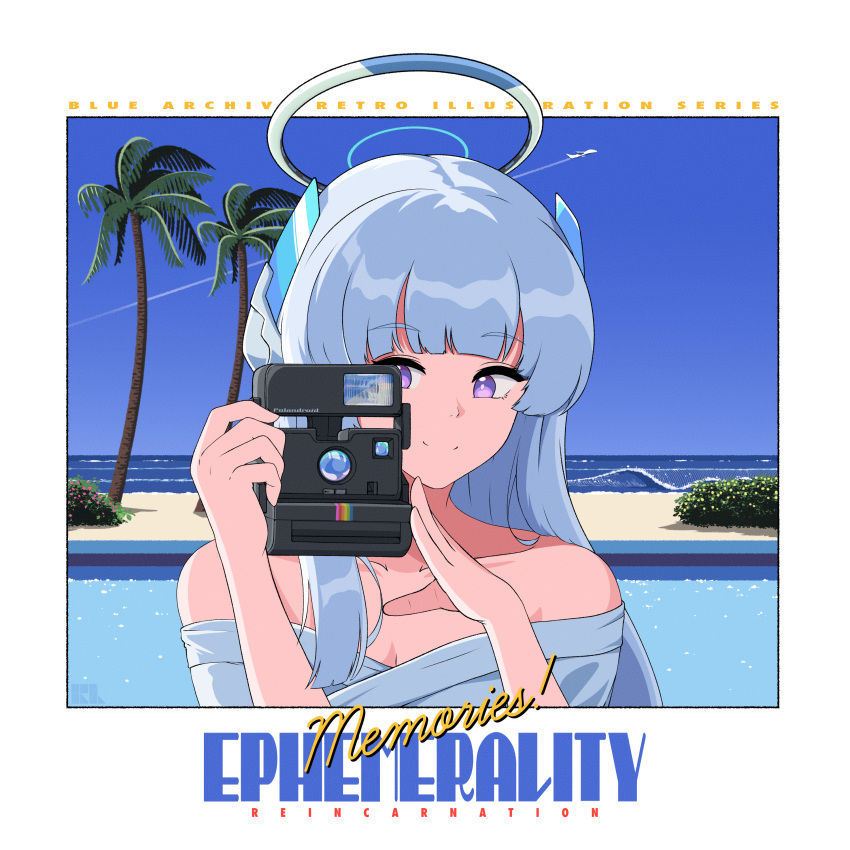 1990s_(style) 1girl absurdres aiming alternate_costume bare_shoulders beach blue_archive blue_sky blunt_bangs brand_name_imitation camera casual coconut_tree collarbone commentary_request detached_sleeves english_text halo headgear highres holding holding_camera horizon hrna long_hair looking_at_viewer noa_(blue_archive) ocean palm_tree polaroid pool purple_eyes retro_artstyle short_sleeves sidelocks sky smile solo taking_picture tree white_hair