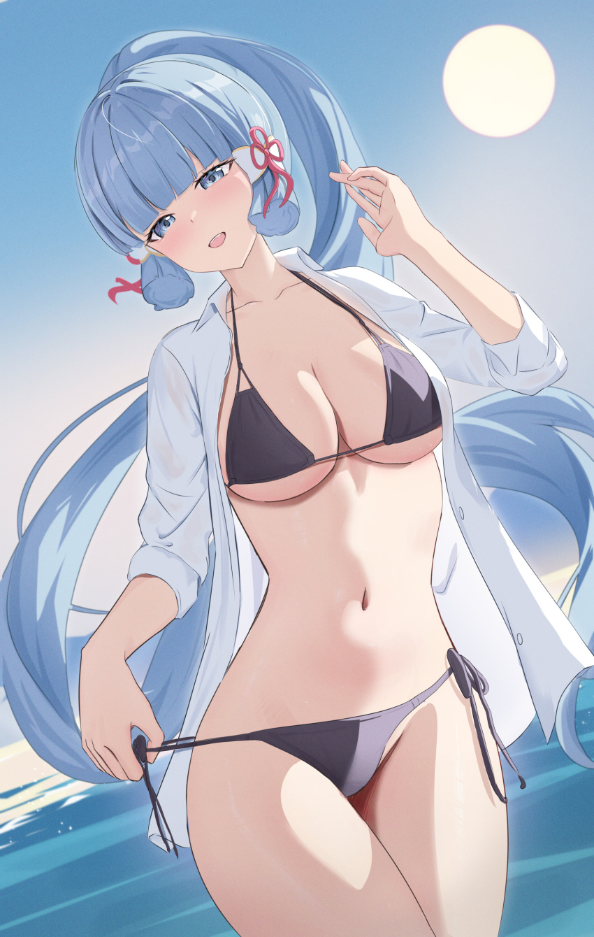 1girl absurdres alternate_costume bikini bikini_bottom_pull black_bikini blue_eyes blue_hair blunt_bangs blush breasts cleavage collared_shirt commentary_request cowboy_shot genshin_impact hair_ornament halterneck hand_up highres kamisato_ayaka long_hair long_sleeves medium_breasts ocean open_clothes open_mouth open_shirt outdoors pharmarr ponytail see-through see-through_shirt shirt side-tie_bikini_bottom sky smile solo stomach sun swimsuit tassel tassel_hair_ornament wet wet_clothes wet_shirt white_shirt