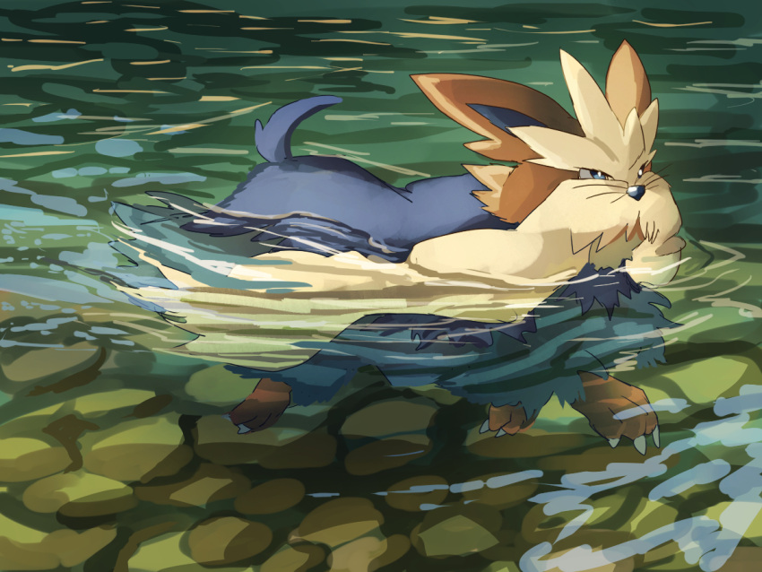 afloat animal_focus blue_eyes blue_fur brown_fur claws commentary_request dog fusenryo no_humans outdoors pokemon pokemon_(creature) shallow_water stoutland swimming water whiskers