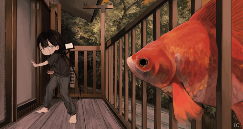 1girl absurdres animal barefoot black_hair black_shirt child door fish goldfish grey_eyes hair_ornament highres ic_(iccccccccc81) looking_back low_twintails original oversized_animal pants porch railing shirt short_sleeves solo standing sweatdrop sweatpants t-shirt twintails x_hair_ornament