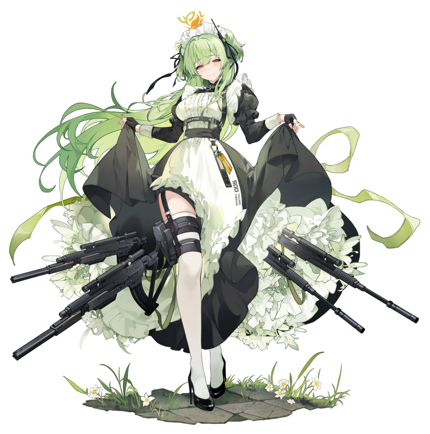 1girl absurdres apron assault_rifle black_dress black_footwear black_gloves black_ribbon center_frills character_request closed_mouth dress fingerless_gloves frilled_apron frilled_hairband frills full_body g2_(goodnightyellow) gloves green_hair gun hair_ribbon hairband high_heels highres holster interface_headset juliet_sleeves long_hair long_sleeves looking_at_viewer maid maid_apron maid_headdress puffy_sleeves radio_antenna ribbon rifle simple_background skirt_hold solo standing stella_knights thigh_holster thighhighs very_long_hair weapon white_apron white_background white_hairband white_thighhighs yellow_eyes