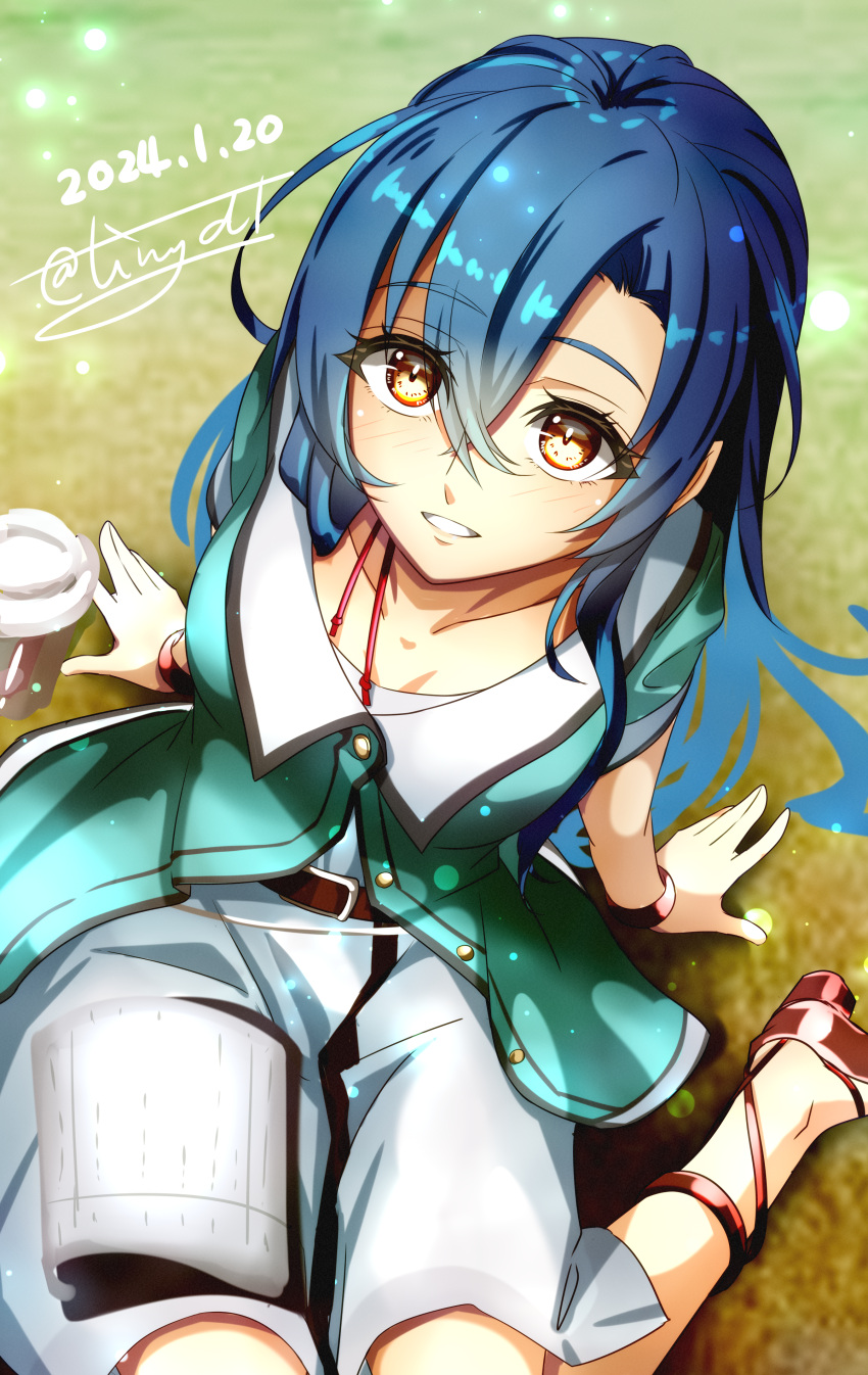 1girl absurdres belt belt_buckle blue_hair brown_belt buckle character_request dress eiyuu_densetsu floating_hair from_above green_vest hair_between_eyes highres looking_at_viewer looking_up short_hair sitting solo straight_hair tinybiard vest white_dress yellow_eyes