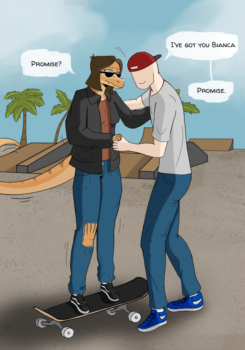 2024 absurd_res anthro backwards_baseball_cap backwards_hat baseball_cap bianca_(bybuckett) blind blue_sky bottomwear brown_body brown_hair brown_scales cavemanon_studios clothing denim denim_bottomwear denim_clothing detailed_background dialogue digital_drawing_(artwork) digital_media_(artwork) dinosaur disability duo english_text eyelashes eyewear fan_character female fingers footwear grey_eyes hair hand_holding hat headgear headwear hi_res human jacket jeans light-skinned_male light_body light_skin male mammal motion_lines multicolored_body multicolored_scales outside palm_tree pants plant reptile scales scalie shoes short_hair skate_park skateboard sky smile sneakers snoot_game snout sunglasses text topwear torn_bottomwear torn_clothing torn_jeans torn_pants tree two_tone_body two_tone_scales vehicle yellingbox