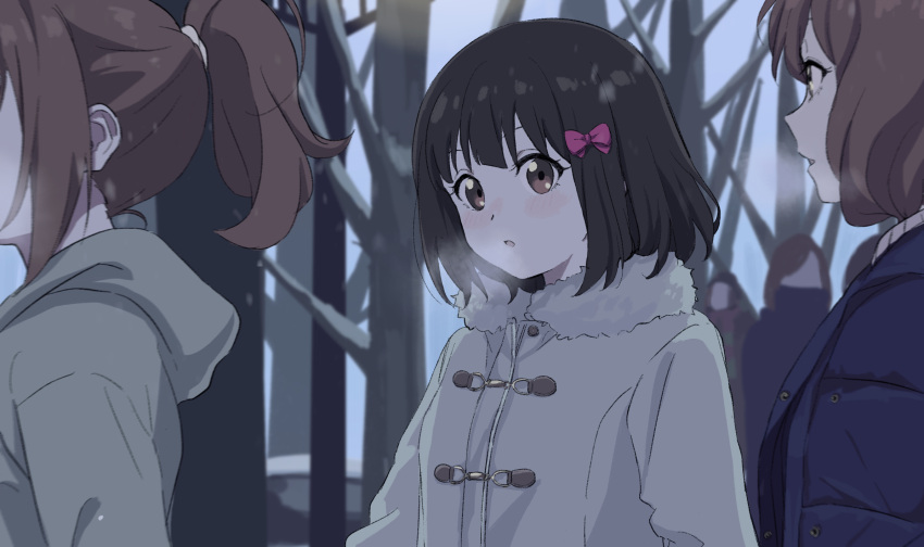 3girls :o bare_tree black_hair blush bow breath brown_eyes brown_hair coat commentary_request fur-trimmed_coat fur_trim hair_bow head_out_of_frame hibike!_euphonium highres hisaishi_kanade hood jacket looking_at_viewer multiple_girls nakagawa_natsuki oumae_kumiko outdoors parted_lips pink_bow ponytail raku_rakugaki red_eyes short_hair solo_focus tree upper_body white_coat winter_clothes winter_coat