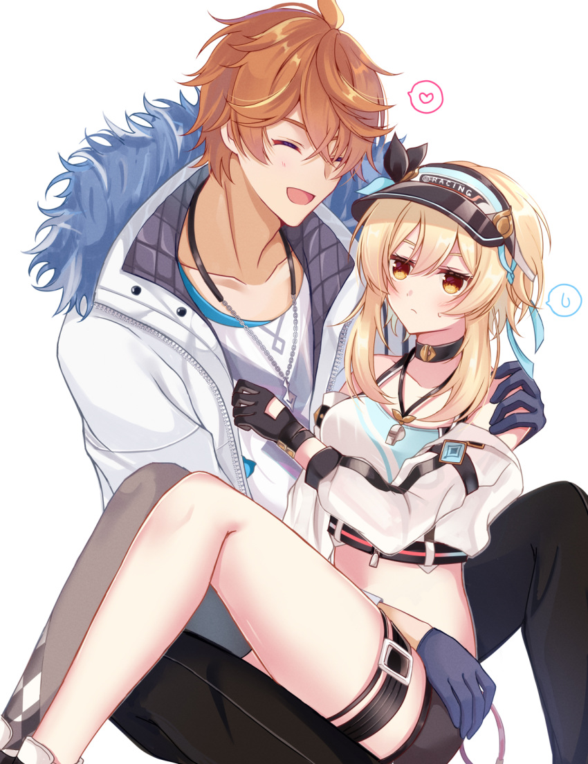 1boy 1girl black_gloves black_shorts blonde_hair choker closed_eyes closed_mouth crop_top fur-trimmed_jacket fur_trim genshin_impact gloves hair_between_eyes highres jacket jewelry long_sleeves lumine_(genshin_impact) midriff necklace open_mouth orange_hair shirt short_hair shorts single_thighhigh sk_99xx smile stomach tartaglia_(genshin_impact) tartaglia_(xiaomi)_(genshin_impact) thighhighs visor_cap white_jacket white_shirt yellow_eyes