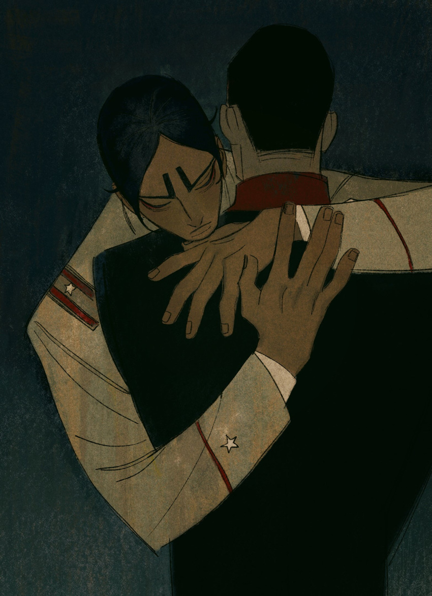 2boys black_background black_hair black_jacket brown_jacket buzz_cut chengongzi123 closed_eyes closed_mouth dark dark-skinned_male dark_skin facing_away facing_viewer golden_kamuy hands_up highres hug jacket koito_otonoshin long_sleeves male_focus military_uniform multiple_boys short_hair simple_background tsukishima_hajime uniform upper_body very_short_hair