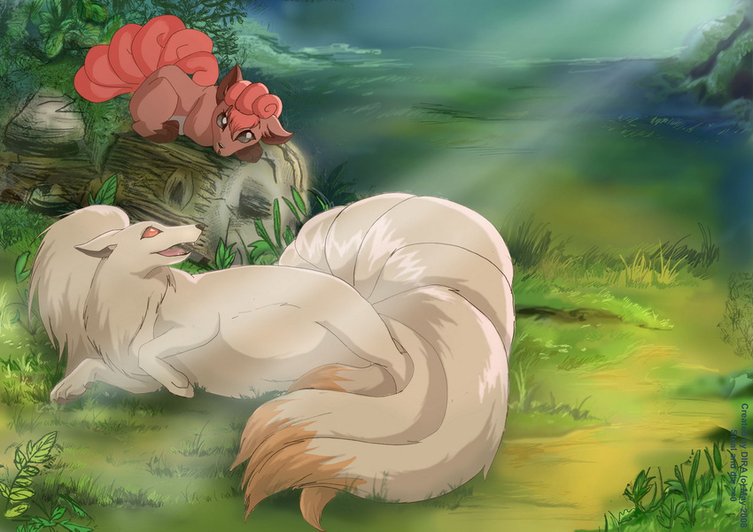 brown_eyes forest gen_1_pokemon grass leaf light_rays littlepolka log long_hair looking_up lying moss multiple_tails nature ninetales no_humans open_mouth pokemon pokemon_(creature) pregnant red_eyes red_hair rock sitting smile sunbeam sunlight tail tree vulpix white_hair