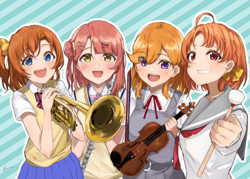 4girls absurdres bow_(music) drumsticks flute highres holding holding_bow_(music) holding_drumsticks holding_flute holding_instrument holding_trumpet holding_violin in-franchise_crossover instrument kosaka_honoka looking_at_viewer love_live! love_live!_nijigasaki_high_school_idol_club love_live!_school_idol_project love_live!_sunshine!! love_live!_superstar!! multiple_girls nijigasaki_academy_school_uniform otonokizaka_school_uniform recycle_(uchi_mlk) school_uniform shibuya_kanon striped_background takami_chika trait_connection trumpet uehara_ayumu upper_body uranohoshi_school_uniform violin yuigaoka_school_uniform