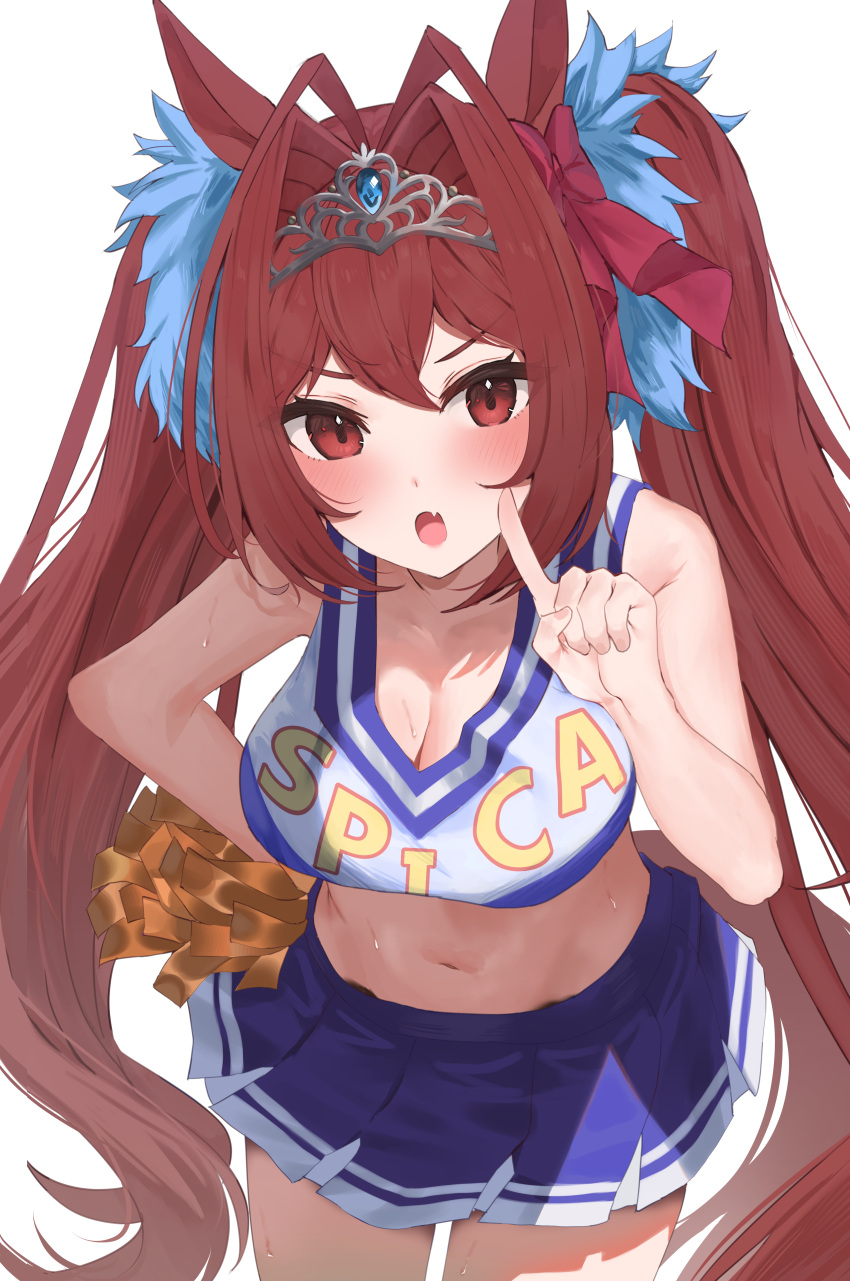1girl absurdres animal_ears bare_shoulders blush breasts brown_hair cheerleader collarbone commentary_request cowboy_shot crop_top daiwa_scarlet_(umamusume) dress fang highres holding holding_pom_poms horse_ears horse_girl horse_tail large_breasts long_hair looking_at_viewer midriff miniskirt navel open_mouth pleated_dress pom_pom_(cheerleading) purple_eyes request_inset skirt smile solo tail tiara twintails umamusume yokawa_nagi