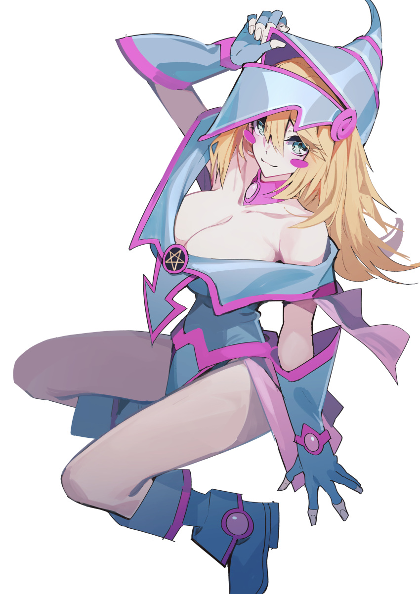 1girl absurdres blonde_hair blue_dress blue_eyes blue_hat blush_stickers boots breasts cleavage collarbone dark_magician_girl dress eyelashes fingerless_gloves full_body gloves highres kamameshi_gougoumaru large_breasts long_hair looking_at_viewer smile solo white_background yu-gi-oh!