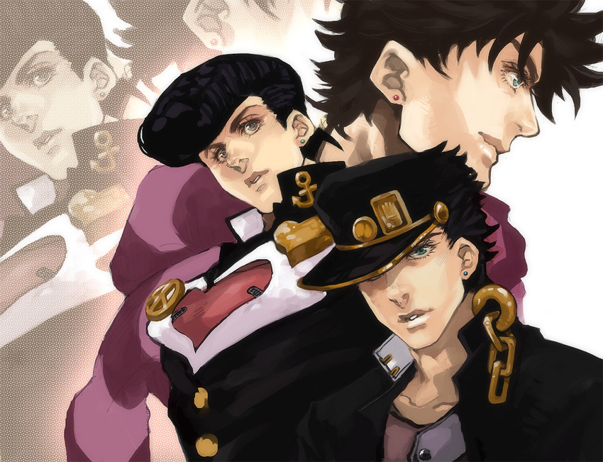 black_hair blue_eyes chain earrings green_eyes higashikata_jousuke jewelry jojo_no_kimyou_na_bouken joseph_joestar_(young) kuujou_joutarou male_focus multiple_boys pompadour scar school_uniform u-min zoom_layer