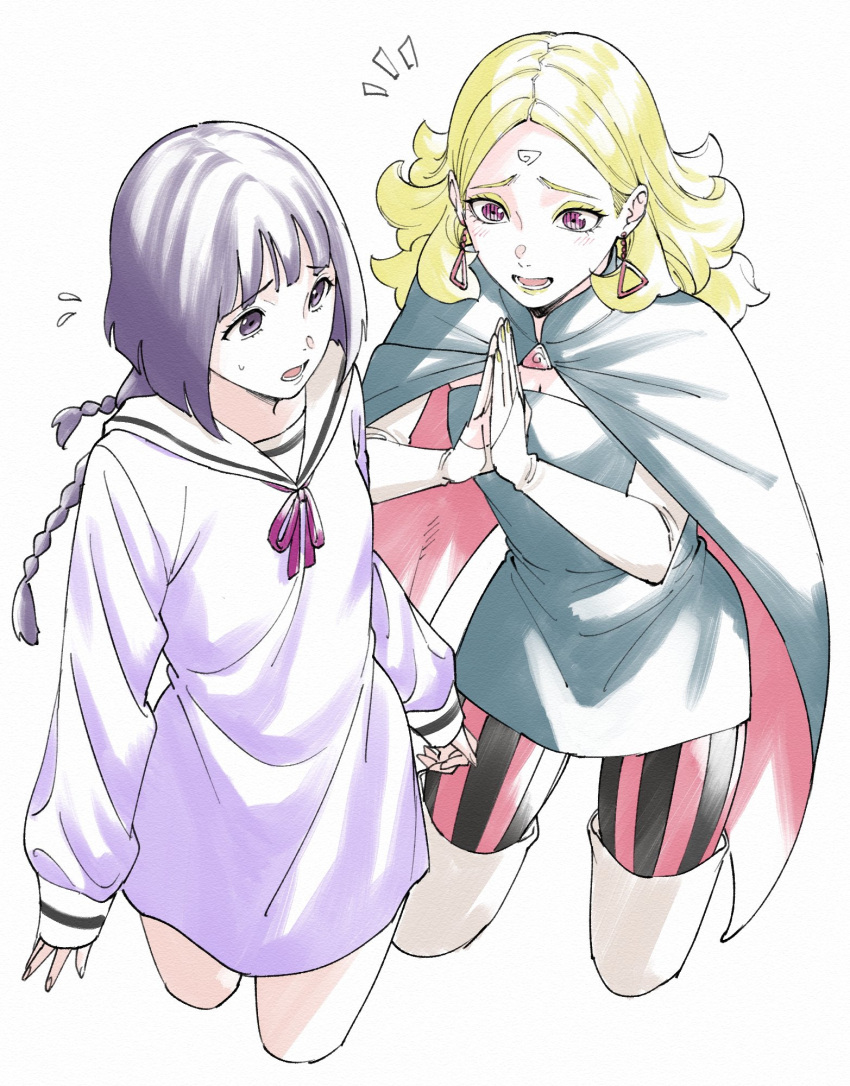 2girls blonde_hair boruto:_naruto_next_generations cape delta_(boruto) detached_sleeves dress highres kakei_sumire long_sleeves multiple_girls naruto_(series) nrt_os_(artist) pink_eyes purple_eyes purple_hair sailor_collar sailor_dress short_dress strapless strapless_dress thighhighs tube_dress white_background