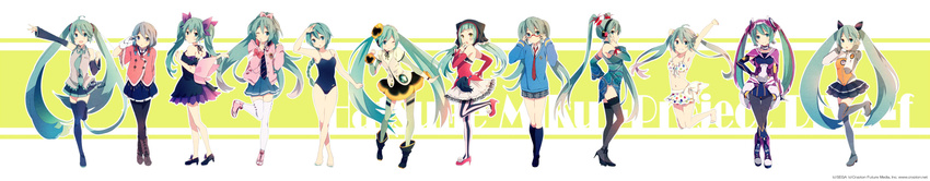acute_(vocaloid) ahoge arm_up armpits barefoot bikini boots cat_food_(vocaloid) character_name crossed_legs detached_sleeves dress finger_to_mouth fonewearl_style_(module) glasses gloves hand_on_hip hatsune_miku headset high_heels highres jumping kneehighs lace lace-trimmed_thighhighs long_hair long_image monochro_blue_sky_(vocaloid) necktie netoge_haijin_sprechchor_(vocaloid) odds_&amp;_ends_(vocaloid) one-piece_swimsuit one_eye_closed open_mouth ousaka_nozomi outstretched_arm pantyhose polka_dot polka_dot_bikini polka_dot_swimsuit ponytail project_diva_(series) project_diva_f ribbon_girl_(module) shoes sitting skirt smile songover striped striped_legwear suigyoku_(module) summer_idol_(vocaloid) swimsuit swimwear_(module) thigh_boots thighhighs twintails vertical-striped_legwear vertical_stripes very_long_hair vocaloid watson_cross weekender_girl_(vocaloid) wide_image world's_end_dancehall_(vocaloid) world's_end_umbrella_(vocaloid)