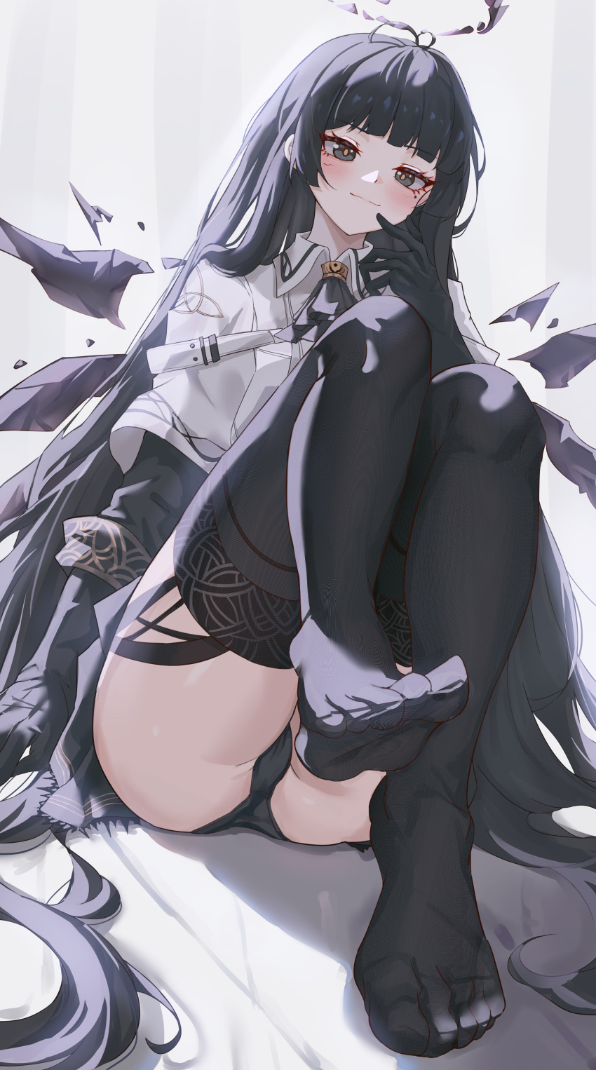 1girl absurdres arknights black_eyes black_gloves black_hair black_panties blush commentary_request gloves halo hand_up highres knees_up lolifreak long_hair mole mole_under_eye no_shoes panties shirt sitting smile solo thighs underwear very_long_hair virtuosa_(arknights) white_shirt