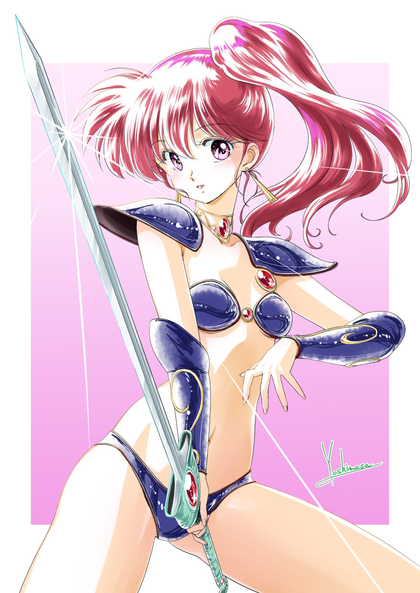 1girl absurdres armor asagiri_youko bikini bikini_armor blue_bikini breasts earrings genmu_senki_leda highres holding holding_sword holding_weapon jewelry long_hair navel parted_lips pauldrons red_eyes red_hair shoulder_armor side_ponytail small_breasts smile solo swimsuit sword vambraces weapon yoshinaga_masahiro