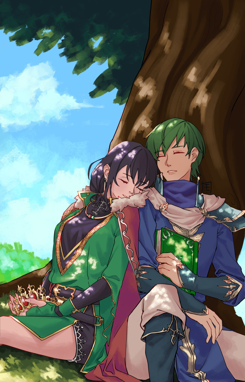 1boy 1girl absurdres black_hair blue_coat blue_sky book cape ced_(fire_emblem) closed_eyes cloud coat commission earrings english_commentary eyelashes fire_emblem fire_emblem:_thracia_776 fur-trimmed_cape fur_trim gold_trim green_coat green_hair highres holding holding_book holding_tiara jewelry long_hair mareeta_(astra_awakened)_(fire_emblem) mareeta_(fire_emblem) moccha_kofii on_grass outdoors red_cape short_hair sitting sky smile teeth