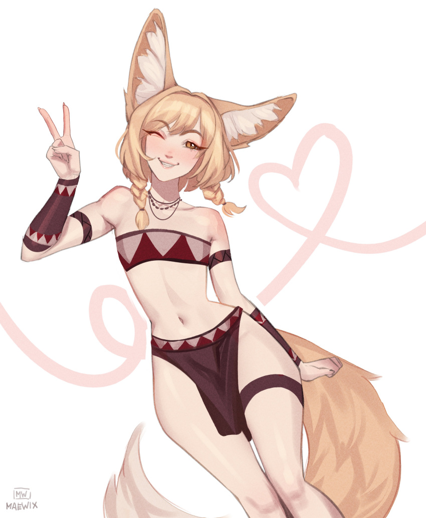 1girl absurdres animal_ear_fluff animal_ears arm_strap artist_name blonde_hair blush braid brown_eyes brown_hair brown_tail brown_tube_top commentary english_commentary flat_chest fox_ears fox_girl fox_tail grin highres jewelry khiara_(personal_ami) loincloth long_tail looking_at_viewer maewix_(artist) navel necklace one_eye_closed orange_eyes original side_braids simple_background smile solo strapless tail tube_top twin_braids v white_background