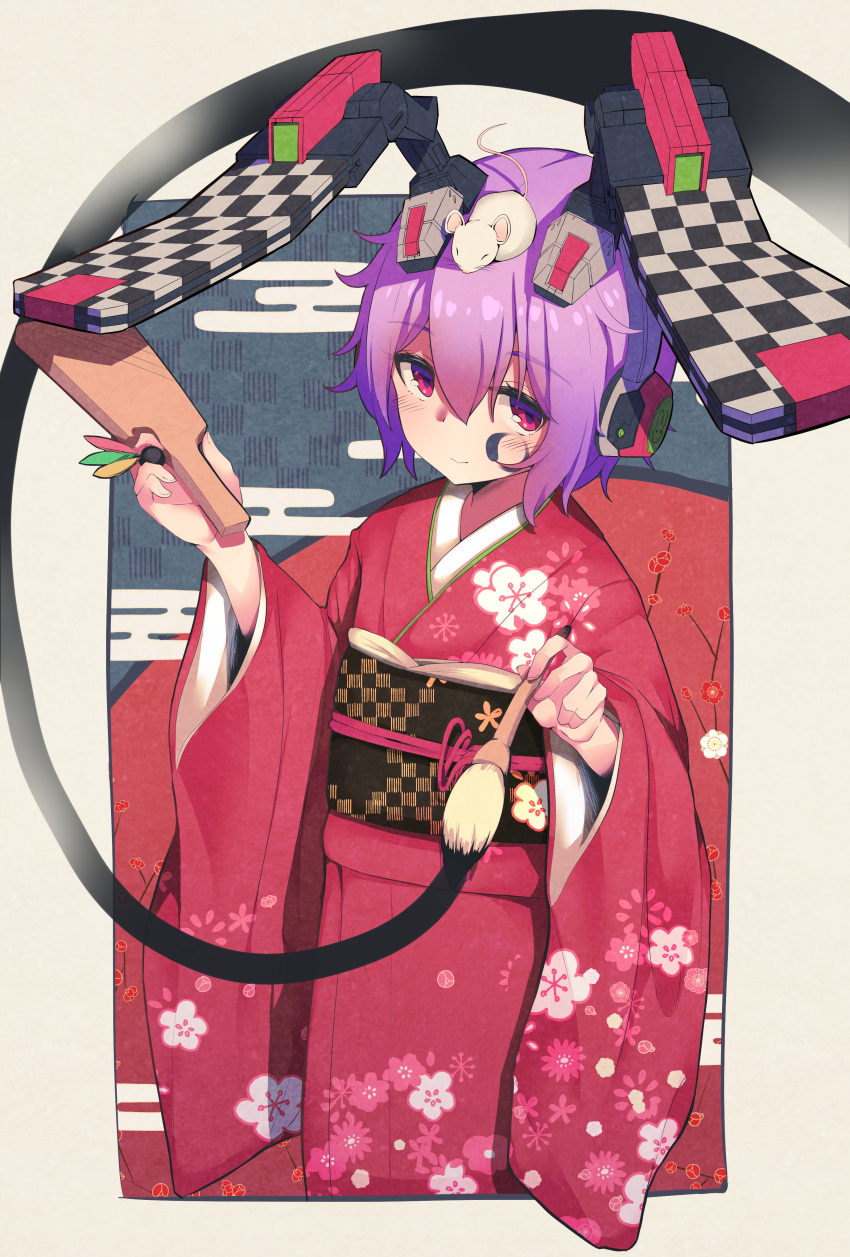 1girl absurdres animal_ears calligraphy_brush cosmic_break facial_tattoo hair_between_eyes highres japanese_clothes kimono looking_at_viewer mouse paintbrush pink_kimono purple_hair rabbit_ears red_eyes renny_lop robot_ears sgame_deme short_hair smile tattoo