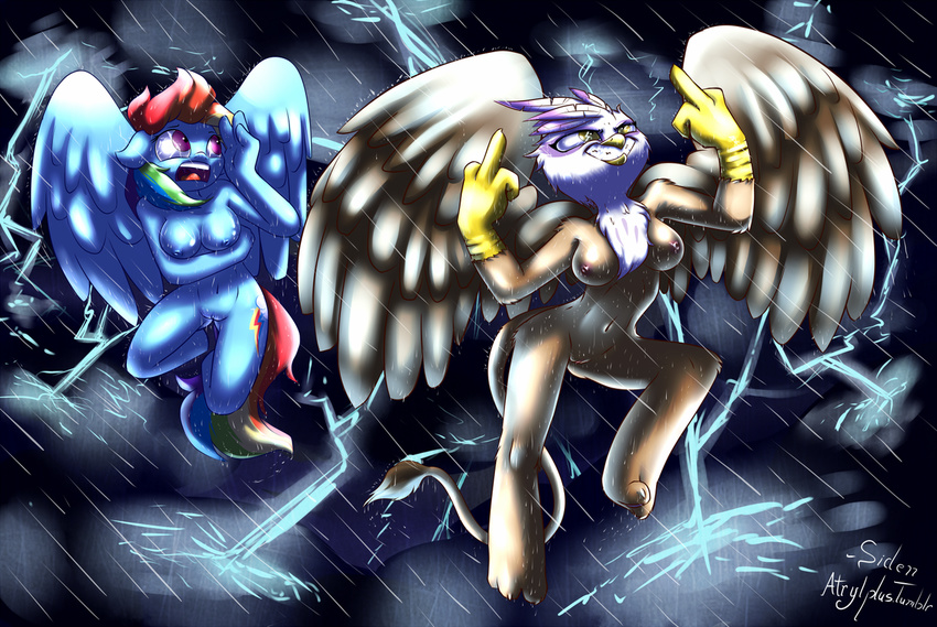 anthro anthrofied avian beak breasts cutie_mark duo equine female flying friendship_is_magic gilda_(mlp) gryphon hair horse lightning mammal middle_finger multi-colored_hair my_little_pony nipples nude pegasus pony pussy rain rainbow_dash_(mlp) rainbow_hair siden sky smile storm the_finger thunder wet wings