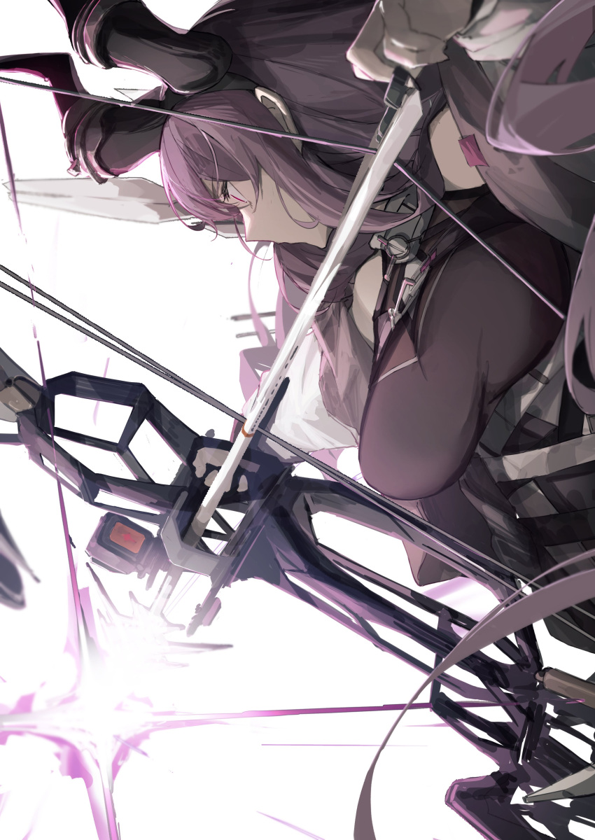 1girl absurdres ankoro_mochi arknights black_hairband black_horns black_shirt bow_(weapon) breasts compound_bow drawing_bow dutch_angle fake_horns firing hairband highres holding holding_bow_(weapon) holding_weapon horns jacket large_breasts long_hair long_sleeves looking_ahead off_shoulder open_clothes open_jacket pink_eyes profile purple_hair shirt sidelocks sideways simple_background sleeveless sleeveless_shirt solo typhon_(arknights) upper_body weapon white_background white_jacket