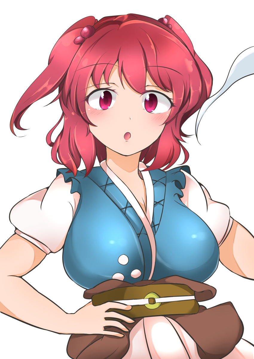 1girl absurdres blush breasts coin hair_bobbles hair_ornament hand_on_own_hip hashiro_fumi highres large_breasts looking_at_viewer obi onozuka_komachi open_mouth red_eyes red_hair sash simple_background solo touhou two_side_up upper_body white_background