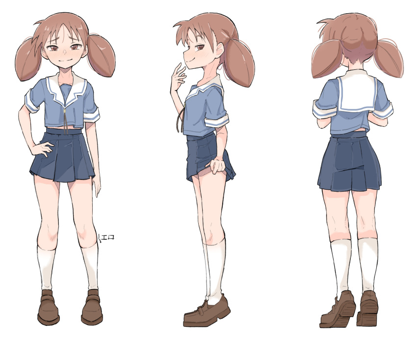 1girl absurdres arm_at_side azumanga_daioh azumanga_daioh's_school_uniform blue_ribbon blue_serafuku blue_shirt blue_skirt brown_eyes brown_footwear brown_hair closed_mouth clothes_lift facing_away from_behind from_side full_body hand_on_own_hip hand_up highres kneehighs lifted_by_self light_blush loafers looking_at_viewer looking_to_the_side medium_hair midriff_peek mihama_chiyo multiple_views narrowed_eyes naughty_face neck_ribbon pleated_skirt raised_eyebrows ribbon sailor_collar school_uniform serafuku shirt shoes short_twintails simple_background skindentation skirt skirt_lift smile smug socks solo_focus summer_uniform teasing tiptoes translated twintails white_background white_sailor_collar white_socks zlix0n