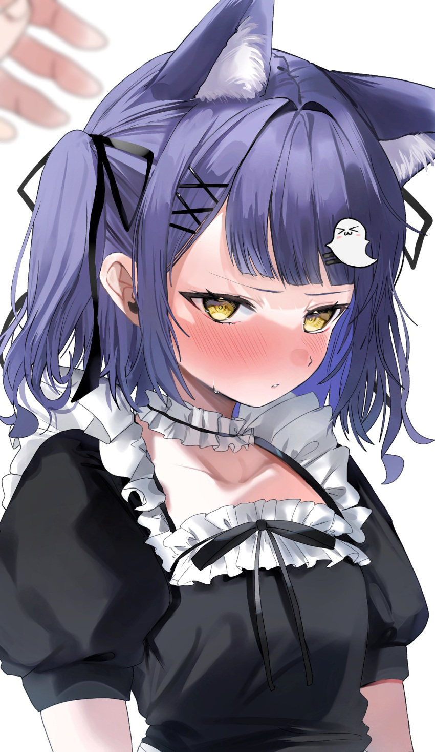 1girl animal_ear_fluff animal_ears black_ribbon black_shirt blush cat_ears choker collarbone dow_suitable ghost_hair_ornament hair_ribbon highres long_hair maid parted_lips purple_hair ribbon shinomiya_runa shirt short_sleeves solo sweatdrop twintails upper_body virtual_youtuber vspo! white_background white_choker yellow_eyes