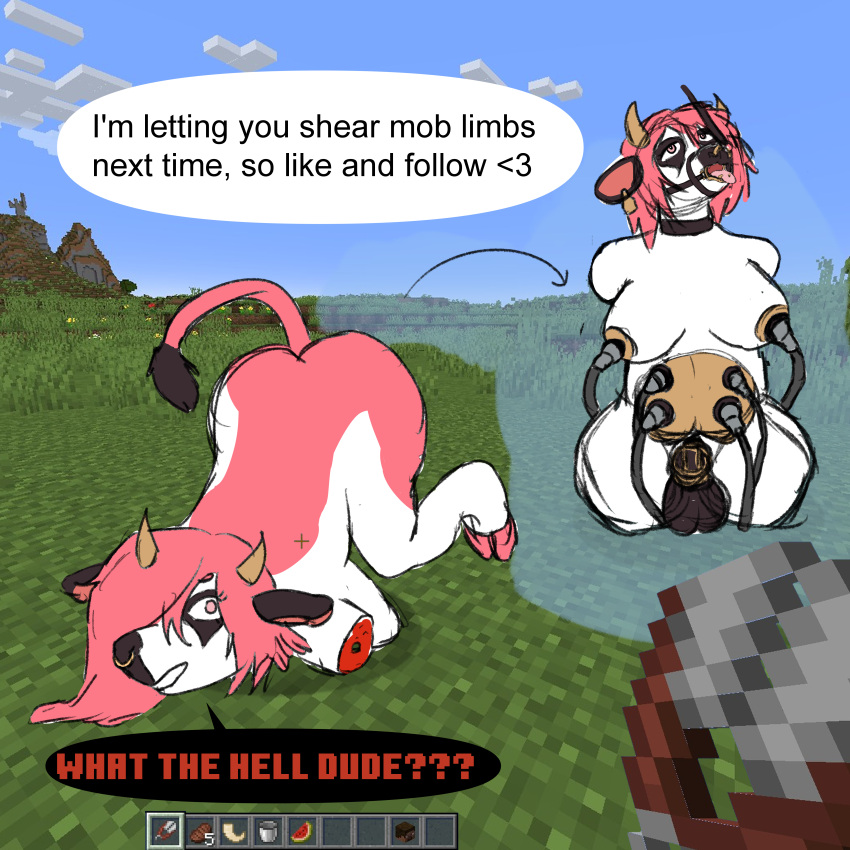 absurd_res amputation amputee anthro ass_up bdsm before_and_after bodily_fluids bovid bovine breast_milking butt cattle chastity_cage chastity_device collar dialogue disability ear_piercing ear_tag eri_(erimad) erimad facial_piercing forced fur gag gameplay_mechanics genitals gynomorph hair hi_res horn intersex lactating looking_at_viewer looking_up machine mammal masochism microsoft milking_machine minecraft minecraft_background mojang nose_piercing nose_ring nose_ring_pull penis piercing piercing_pull pink_body pink_fur pink_hair quadruple_amputee ring_gag ring_piercing sadism solo speech_bubble surprise teats tongue tongue_out tongue_out_piercing udders videogame_setting xbox_game_studios