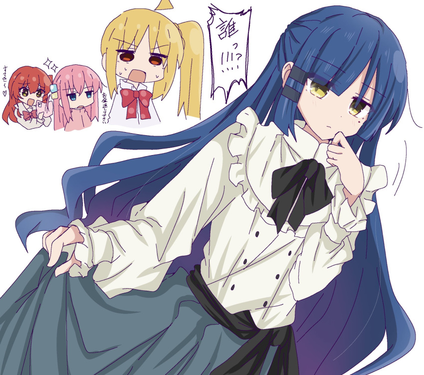 +_+ 4girls ahoge alternate_hair_length alternate_hairstyle blonde_hair blunt_bangs bocchi_the_rock! chibi chibi_inset closed_mouth commentary_request dutch_angle expressionless frilled_shirt_collar frills gotoh_hitori hand_up highres ijichi_nijika jitome kita_ikuyo long_bangs long_hair long_skirt long_sleeves looking_at_another looking_at_viewer mole mole_under_eye motion_lines multiple_girls open_mouth pink_hair puffy_long_sleeves puffy_sleeves red_eyes red_hair shirt shouting side_ponytail simple_background skirt skirt_hold solo_focus sparkle straight_hair sweat torikoboshi translation_request v-shaped_eyebrows very_long_hair wavy_hair white_background white_shirt yamada_ryo yellow_eyes