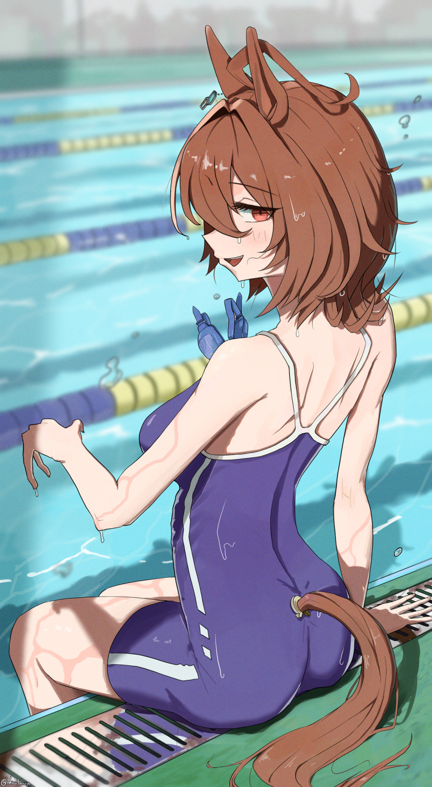 1girl agnes_tachyon_(umamusume) ahiru3desuyo ahoge animal_ears ass blue_one-piece_swimsuit blurry blurry_background blush breasts brown_hair commentary_request competition_school_swimsuit competition_swimsuit earrings from_behind highres horse_ears horse_girl horse_tail indoors jewelry medium_breasts one-piece_swimsuit open_mouth pool poolside red_eyes school_swimsuit short_hair single_earring smile solo swimsuit tail tracen_swimsuit umamusume water wet wet_clothes wet_swimsuit
