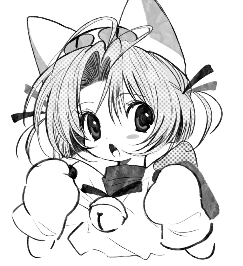 1girl animal_ears animal_hat bell cat_ears cat_hat dejiko di_gi_charat gloves greyscale hair_ribbon hands_up hat highres jingle_bell looking_at_viewer monochrome neck_bell pepeppepe101 ribbon screentones short_hair simple_background solo two_side_up upper_body white_background