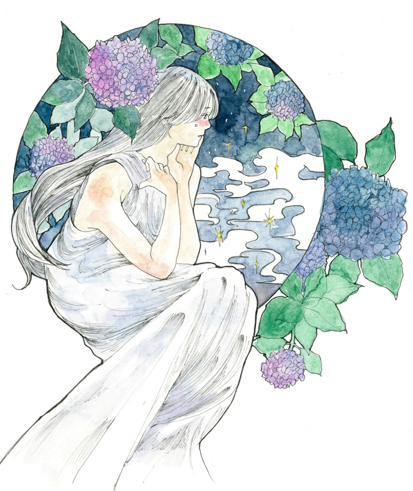 1girl blush dress flower grey_hair highres hydrangea kaarii7686 leaf long_hair original profile purple_flower sitting sleeveless sleeveless_dress solo white_dress