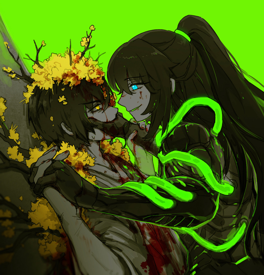 2boys armor black_armor black_hair blood blood_in_hair blood_on_clothes blood_on_face blue_eyes branch colored_tongue covering_another's_mouth dutch_angle e.g.o_(project_moon) flaw_eight flower green_background green_tongue hair_flower hair_ornament hands_up highres holding_another's_wrist hong_lu_(project_moon) limbus_company multiple_boys parted_lips project_moon simple_background smle upper_body wings yellow_eyes yellow_flower yi_sang_(project_moon)