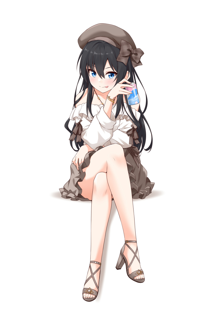 1girl absurdres artist_self-insert bare_shoulders beret black_hair blue_eyes blush bow brown_skirt collarbone crossed_legs drink english_commentary felutiahime frilled_shirt frilled_skirt frills full_body hair_between_eyes hat hat_bow high_heels highres holding holding_drink jewelry long_hair long_sleeves looking_at_viewer necklace off-shoulder_shirt off_shoulder original shirt simple_background sitting skirt smile solo straight_hair tongue tongue_out white_background