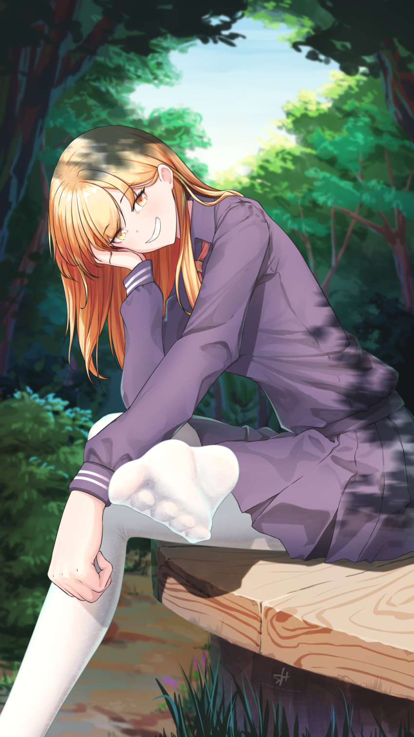 1girl blonde_hair blurry blurry_background blush dappled_sunlight day feet foot_focus foot_out_of_frame forest grass grin head_rest highres legs long_hair long_sleeves looking_at_viewer nature no_shoes original outdoors pantyhose pleated_skirt purple_shirt purple_skirt school_uniform serafuku shirt signature sitting skirt sky smile soles solo spread_toes sunlight toes tree wcks0774 white_pantyhose yellow_eyes