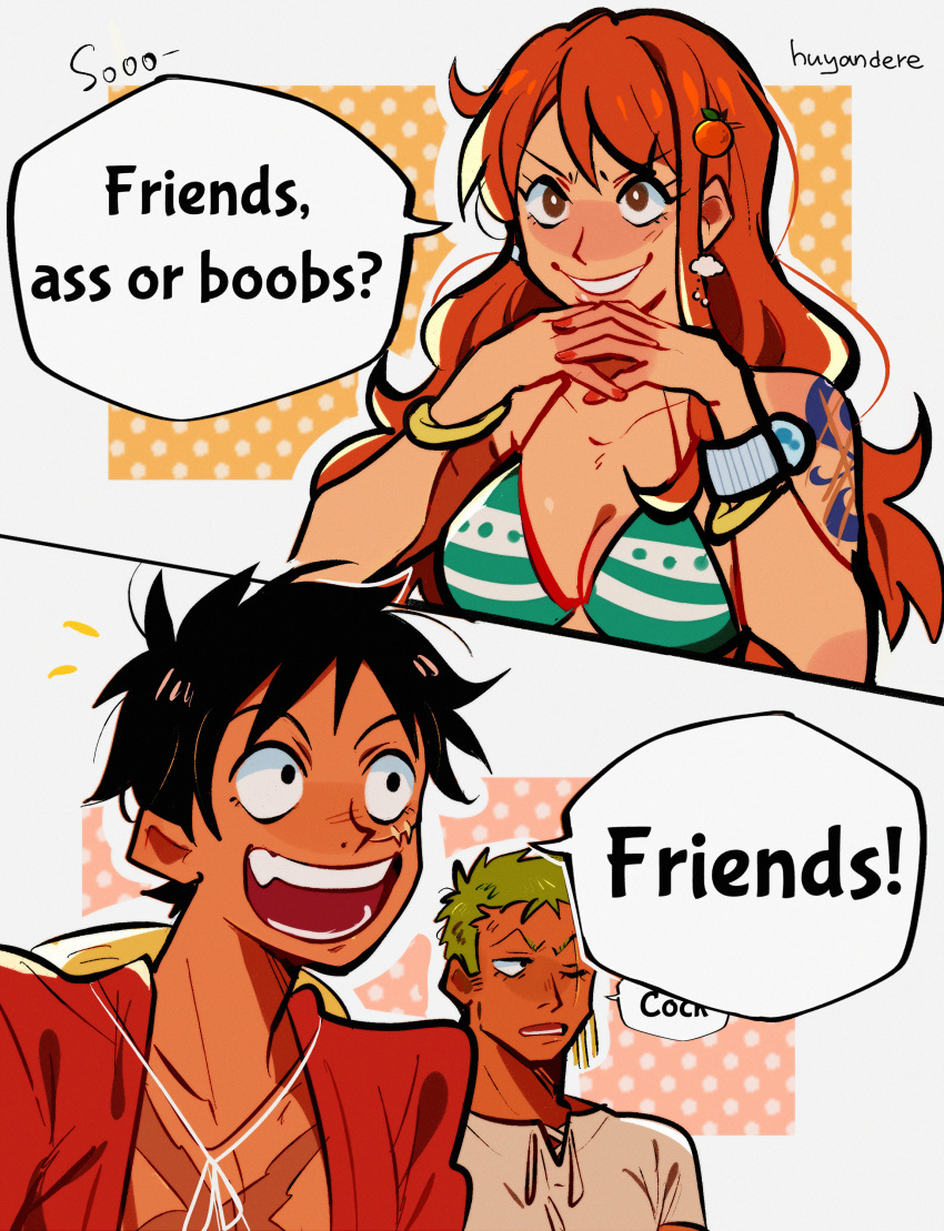 1girl 2boys absurdres bikini black_eyes black_hair breasts cleavage dark-skinned_male dark_skin earrings english_text green_hair hat hat_on_back highres huyandere jewelry long_hair medium_breasts monkey_d._luffy multiple_boys nami_(one_piece) one_eye_closed one_piece open_clothes orange_hair roronoa_zoro scar scar_across_eye scar_on_cheek scar_on_chest scar_on_face short_hair shoulder_tattoo sideburns single_earring smile speech_bubble straw_hat swimsuit tattoo upper_body